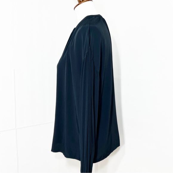 Something Navy Draped Pleated Long Sleeve Navy Blue Buttondown Blouse Top Small - Picture 7 of 12